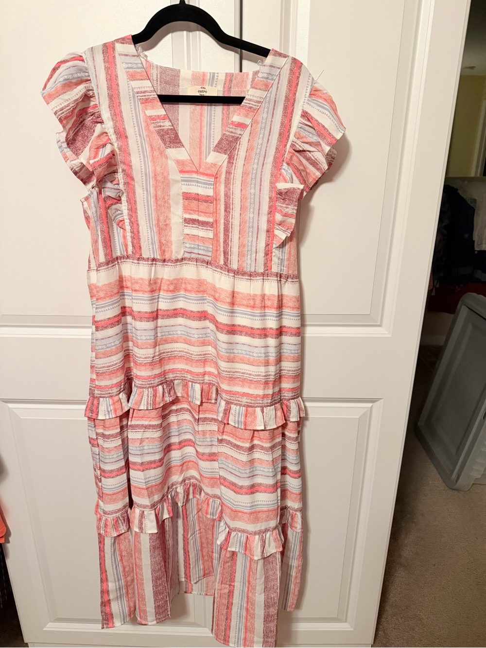 entro Coral and Cream Striped Ruffle Maxi  Dress